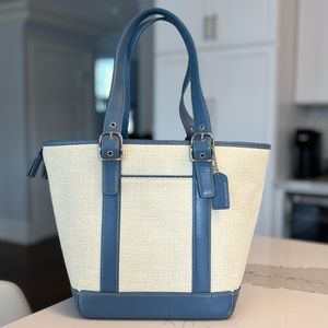 Coach Blue Leather and Natural Woven Straw Bag